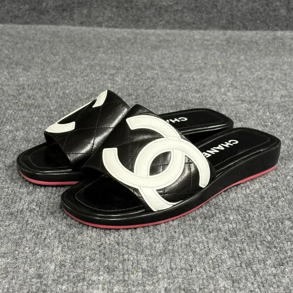 Chanel Cambon Slide Sandals Womens 5.5 Black Leather Quilted Logo Flat Shoe Pink